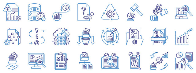 Fototapeta premium Data analytics and business intelligence line icon set. Line color icon including data management, data mining, audit, approval, bidding, auction, processing, research, governance, cloud computing