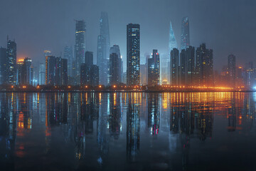 Fototapeta premium Panoramic futuristic city skyline at night with illuminated skyscrapers reflecting on calm water, creating moody and atmospheric urban scene with stormy clouds above