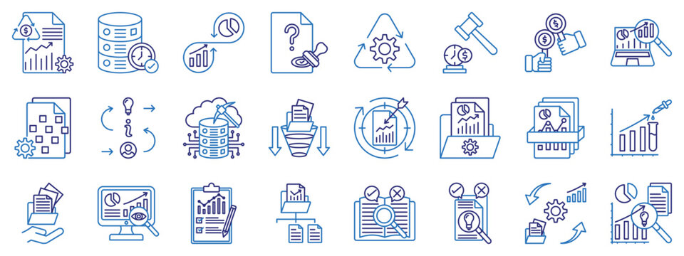 Data analytics and business intelligence line icon set. Line color icon including data management, data mining, audit, approval, bidding, auction, processing, research, governance, cloud computing