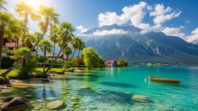 Serene tropical lake scene with boat palm trees and mountains under sunny blue sky