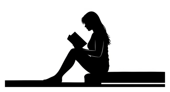 Silhouette Of A Young Woman Reading A Book Outdoors.