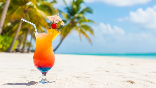 Colorful tropical cocktail with umbrella and cherry on a sunny beach with palm trees