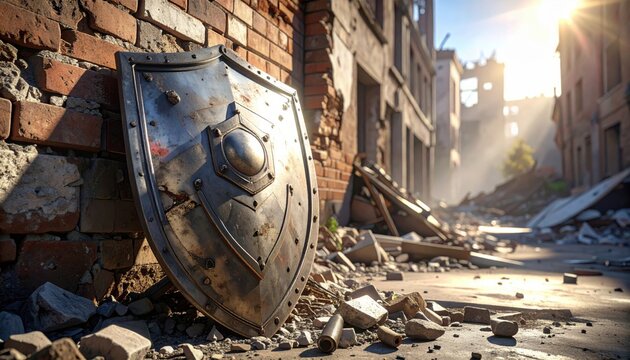 A battle-scarred metal shield rests against the rubble of a war-torn city, a silent testament to past conflict and survival.