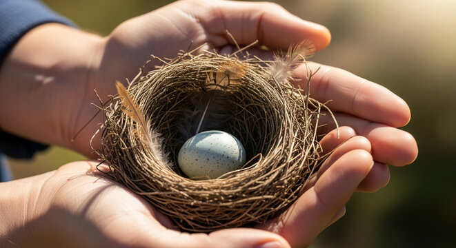 A delicate bird egg nestled within a handmade nest of twigs and grass.
