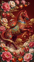 Fototapeta premium Artistic Chinese Zodiac Horse Surrounded by Blooming Pink Peonies and Golden Clouds