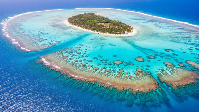 Aerial view of a small island with a coral reef and turquoise waters in a tropical ocean