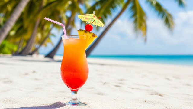 Colorful cocktail with umbrella and straw on a tropical beach with palm trees