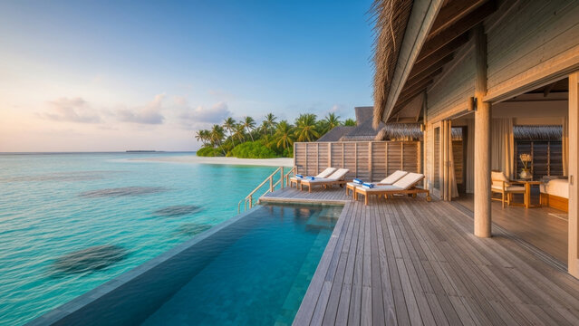 Luxury tropical island resort with infinity pool and lounge chairs overlooking serene ocean at sunset