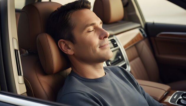 Man in car seat with eyes closed relaxing in a luxury vehicle for a stress relief concept featuring a peaceful commuter enjoying comfort and silence