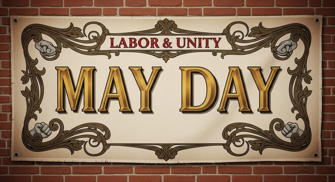 Vintage-style may day labor and unity celebration sign