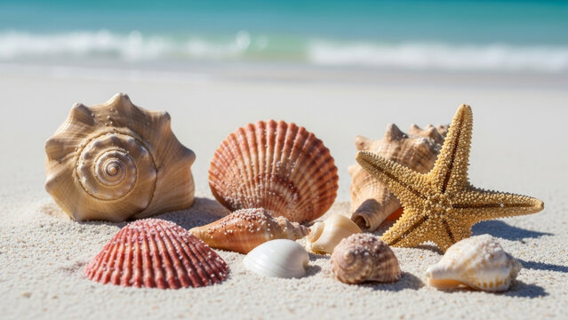 Assorted seashells and starfish on sandy beach by ocean waves summer vacation background