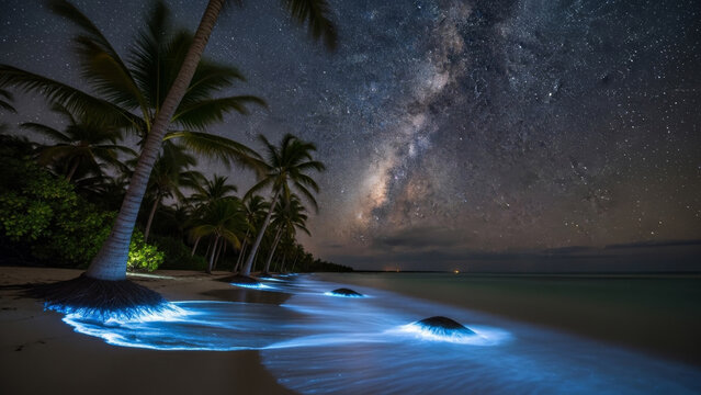 Glowing ocean waves on a tropical beach at night with palm trees and a starry sky