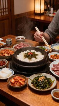 traditional korean meal with steamed rice in stone pot and various side dishes, authentic korean dinner table with kimchi and bulgogi in a cozy restaurant