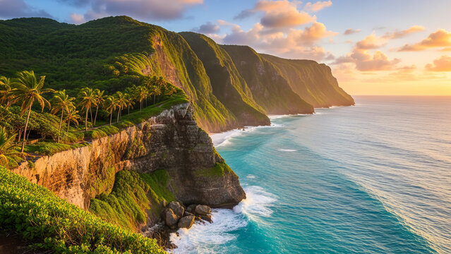 Tropical cliffside overlooking turquoise ocean waves at sunset with lush greenery and palm trees on a serene coastal landscape