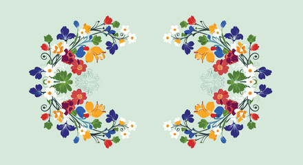 Fototapeta premium Colorful symmetrical floral border design featuring red blue and yellow flowers with green leaves on a pale background.