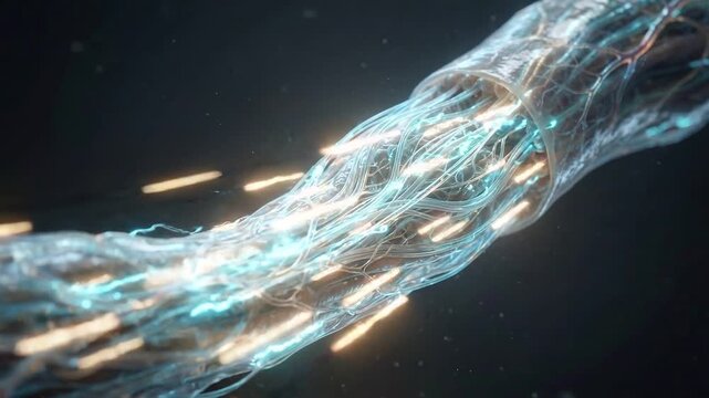 Medical 3d nerve fiber neuron axon synapse closeup abstract render showing glowing transparent nerve fiber bundle with electric pulse signal flow neural network anatomy cable wire electricity