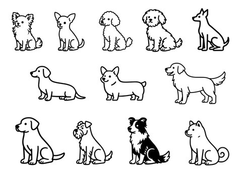 Dog Breed Icon Set Monochrome (Chihuahua, Poodle, Dachshund, Corgi, Retriever and More)

犬種別モノクロシンプルピクトグラムアイコンセット（チワワ・プードル・ダックスほか）