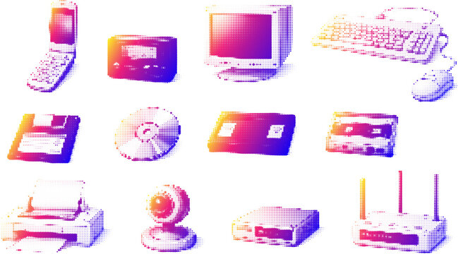 Halftone vector of retro technology electronics in grunge style transparent png. cassette, printer, monitor, keyboard, mouse, cd, floppy disk