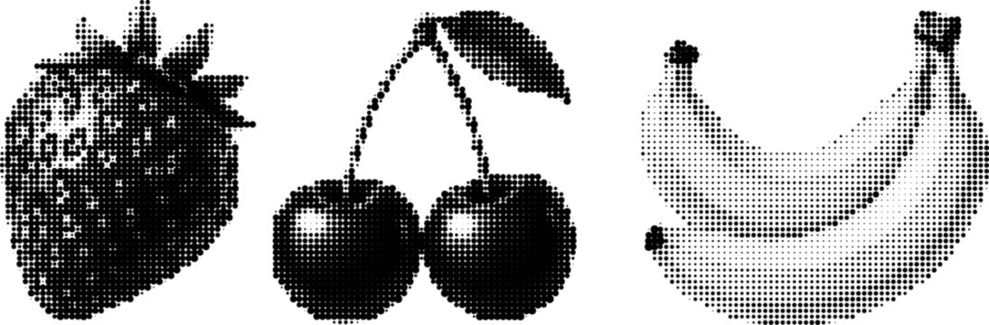 Halftone vector of strawberry cherries bananas in grunge style on transparent background