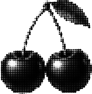 Halftone vector transparent png of grunge cherries with leaf in retro futurism style