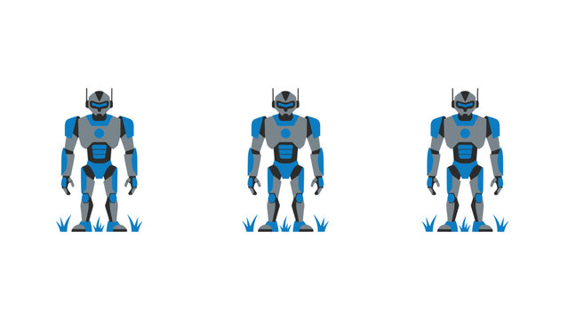 Three identical blue and grey humanoid robots standing on grass. AI, automation, and future technology concept in flat illustration.