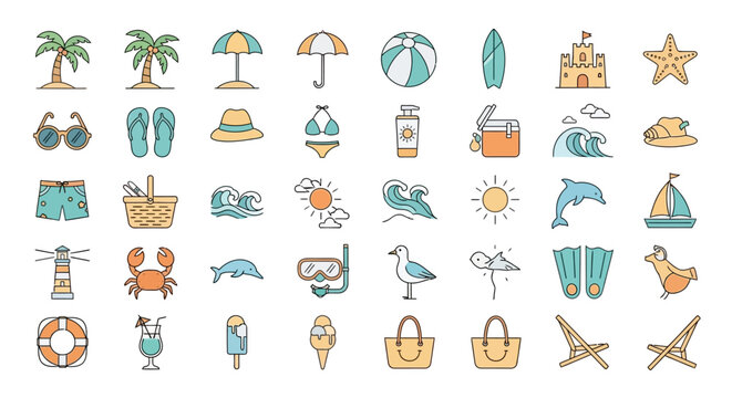 Summer beach vacation icons and symbols.