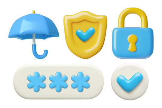 Lock, shield, umbrella, password and check mark 3d protection and data safety icons set. Vector illustration.