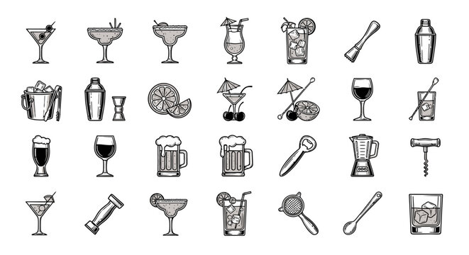 Cocktail bar icons and drinks symbols.