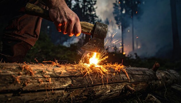 Close-up of a hand striking flint and steel on a log, igniting sparks and dry tinder in a forest setting