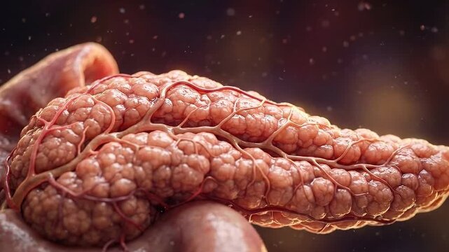 Medical 3d pancreas organ anatomy tissue blood vessel endocrine gland digestive system finger macro view healthcare research education detailed texture warm bokeh background medical 3d pancreas