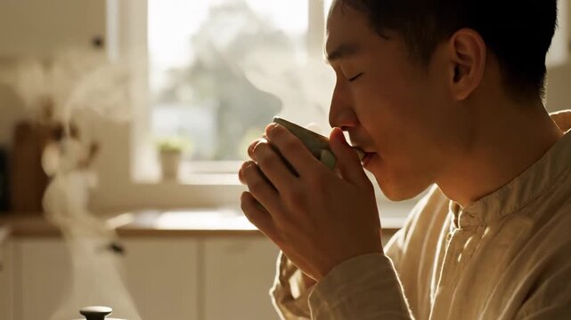 Man pours hot beverage from metal container into ceramic mug indoors