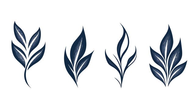 Four stylized botanical illustrations featuring indigo leaves with textured brushstrokes on white background