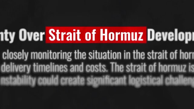 Strait of Hormuz Highlighted Typography Text on Dark Background. Maritime Trade Corridor, Global Oil Route, Energy Supply Channel, Geopolitical Tensions and Economic Impact. 4K 2D Video Animation