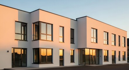 Obraz premium Modern Residential Building with Large Windows and Flat Roof Design.