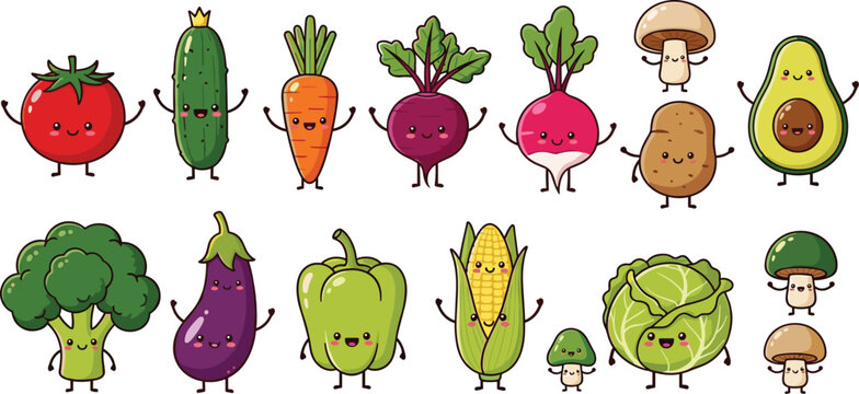 Cute cartoon vegetables and mushrooms characters set, funny healthy food mascots illustration for kids education and nutrition design