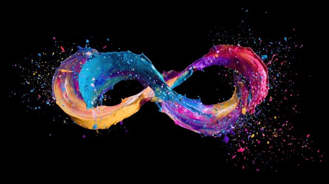 Infinity symbol shaped by colorful liquid paint splashes. Abstract art composition featuring vibrant fluid dynamic on black background. Concept of eternal time, endless loop and energy.