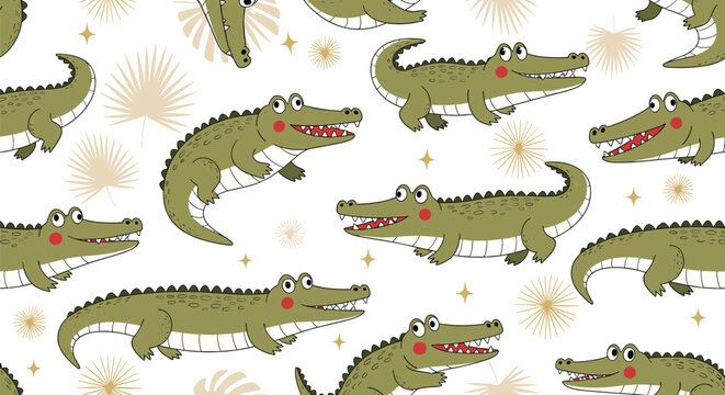 Cute crocodile seamless pattern with cartoon alligators and decorative elements, playful animal background design for kids textile and wrapping
