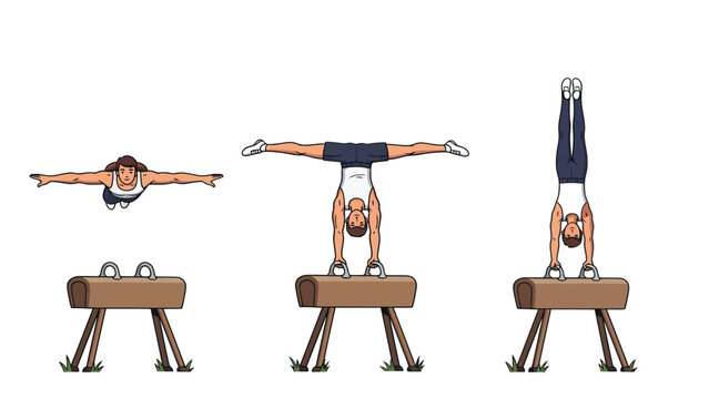 Male Gymnast on Pommel Horse Sequence: Flying, Straddle, and Handstand Positions