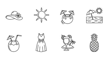 Summer vacation and beach elements collection with sunglasses, hat, dress, sun, coconut drink, and pineapple icon set © Stephen