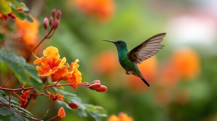 Obraz premium Hummingbird flying near tropical orange flower. Small iridescent bird hovering in garden. Wildlife animal in natural habitat. Concept of nature, summer biodiversity and environment.