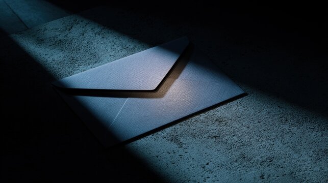 Envelope sitting on textured surface in dramatic light. Mystery and secret communication. Hidden message, surprise announcement, or confidential document arrival, isolated spotlight.