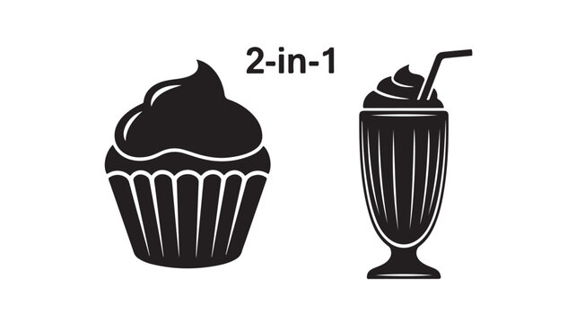 Black Cupcake And Milkshake Icons For Dessert 2-in-1 Concepts