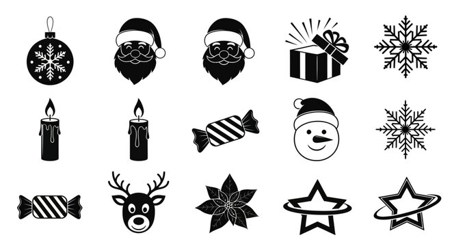Christmas and winter holiday icons including Santa Claus, snowmen, snowflakes, ornaments, candles, and gifts, perfect for seasonal designs