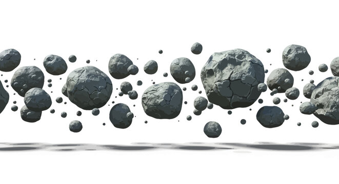 Floating gray asteroids and space rocks, realistic 3D meteor belt on white background, cosmic debris and celestial boulders for game design