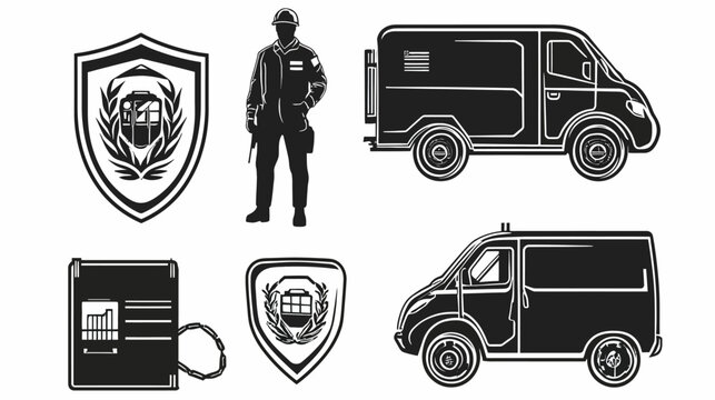 Silhouetted illustration with shield, vehicle, figure, document, and chain elements, suitable for various design applications