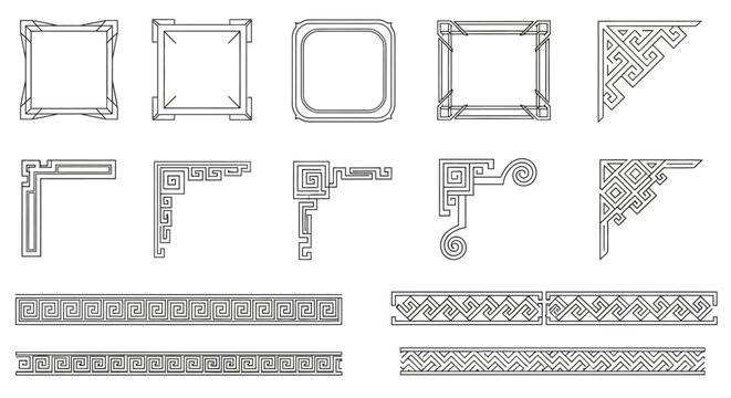 Traditional Chinese border vector set, oriental frame and corner ornaments, 13 black line decorative elements for asian certificate and menu design