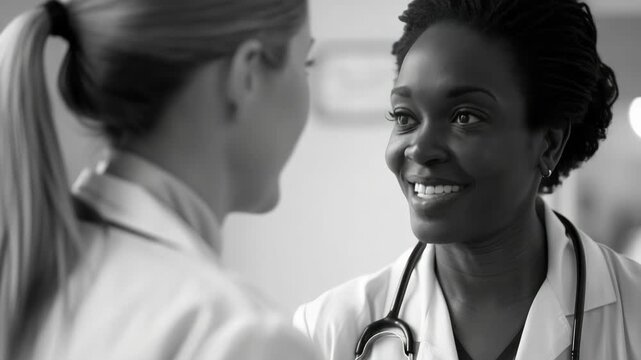 A positive interaction between two healthcare workers in a professional environment.