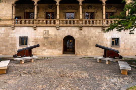 Kanonen vor dem historischen Gouverneurspalast an der Passeig de Sagrera, Palma de Mallorca, Balearen, Spanien
