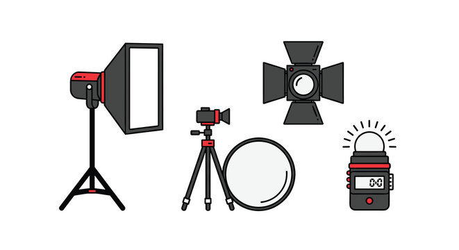 A set of professional photography equipment including a softbox tripod flash and remote shutter release, Generative AI.