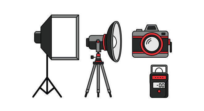 Vector illustration of photography equipment including a softbox a flash on a tripod a camera and a light meter, Generative AI.